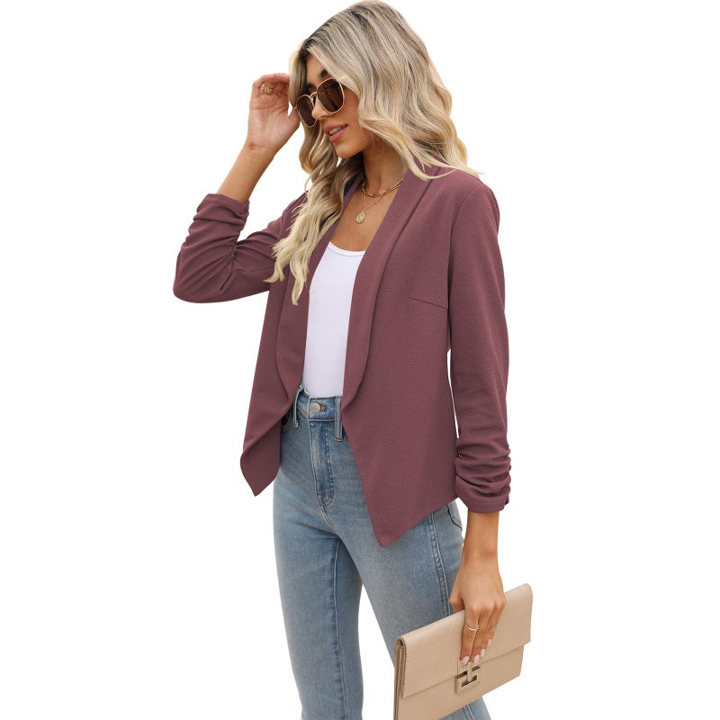POGTMM Ladies Blazers and Jackets Office 3 4 Sleeve Ruched Fitted Work Suit Jackets (Red Bean Grey, M) - Image 5